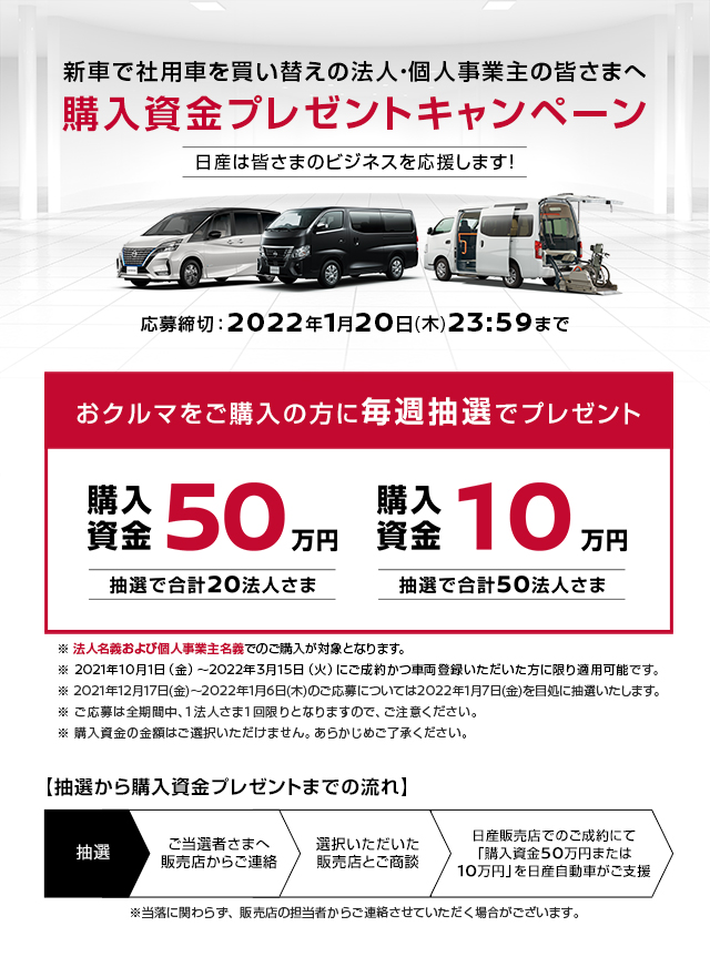 法人および個人事業主の皆さまへ 購入資金50万円キャンペーン